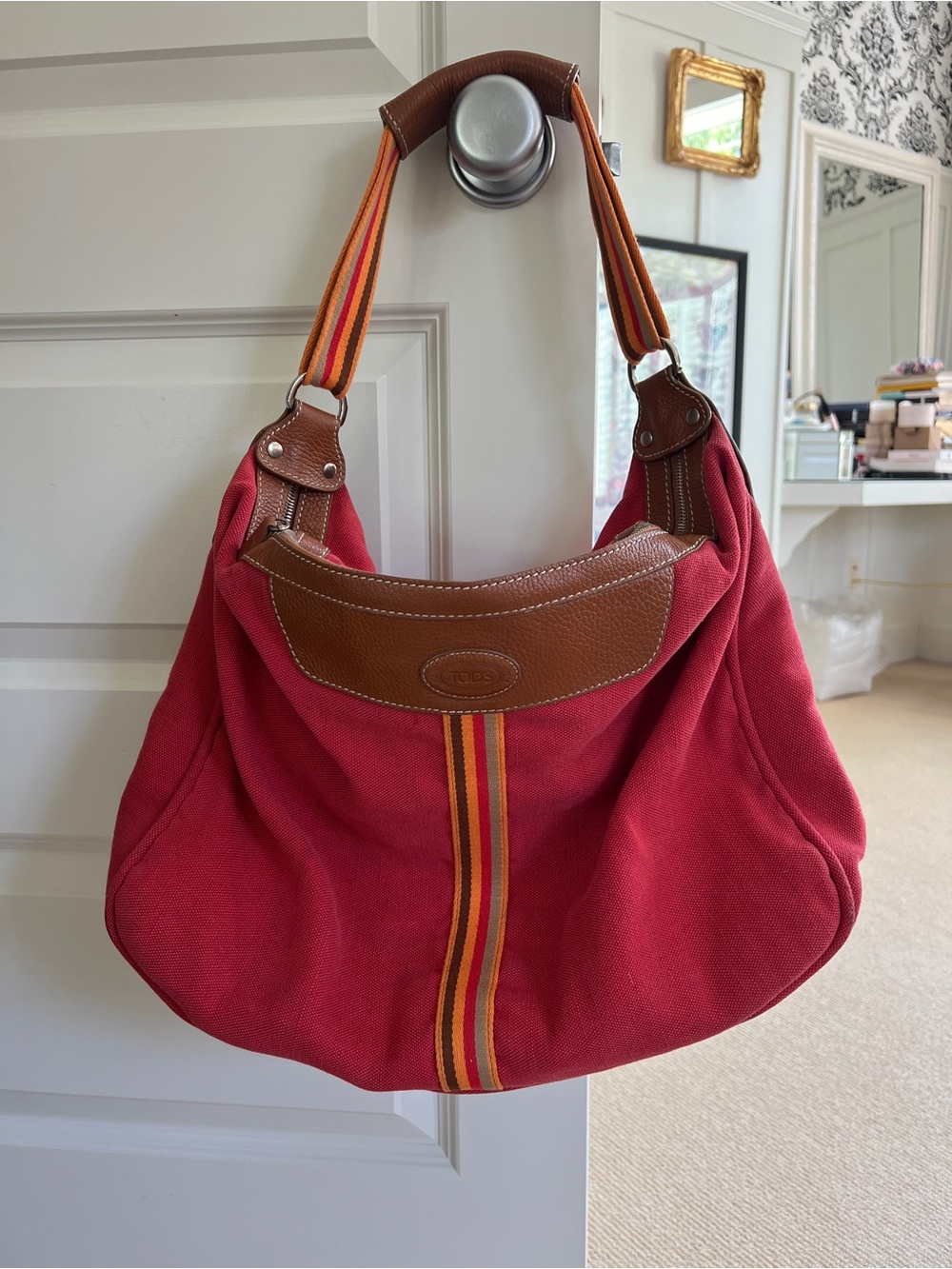 Tod's Vintage Y2K Red Coral Canvas Shoulder Bag with Tan Trim and Striped Strap